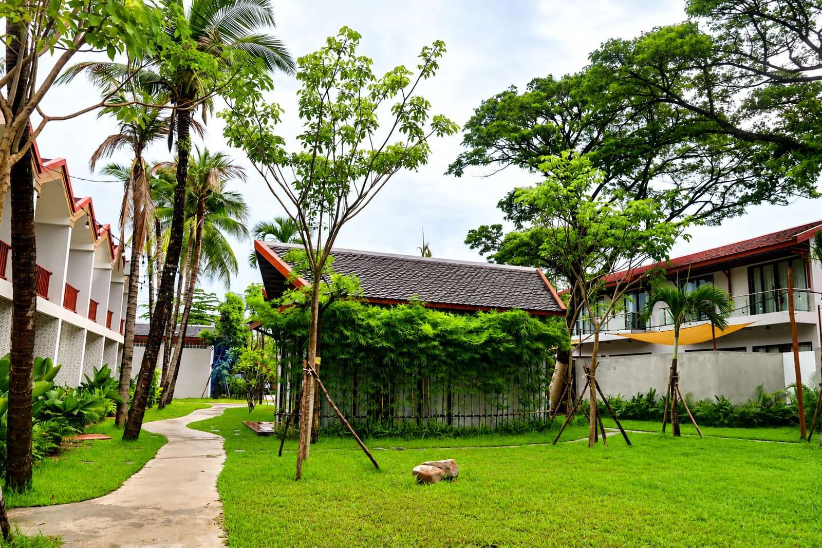A hammock strung on the lawn between the guest buildings
